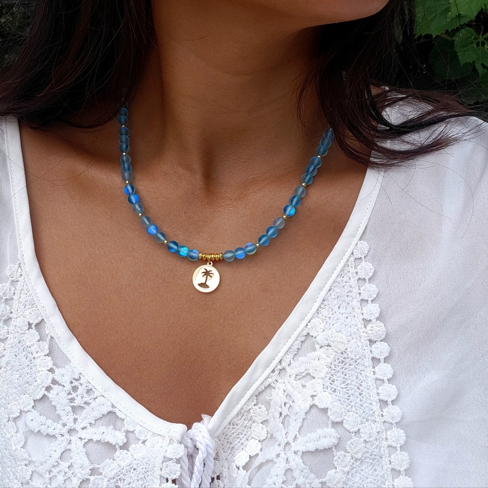 Elegant Blue Beaded Necklace with Gold  Palm Tree Pendant